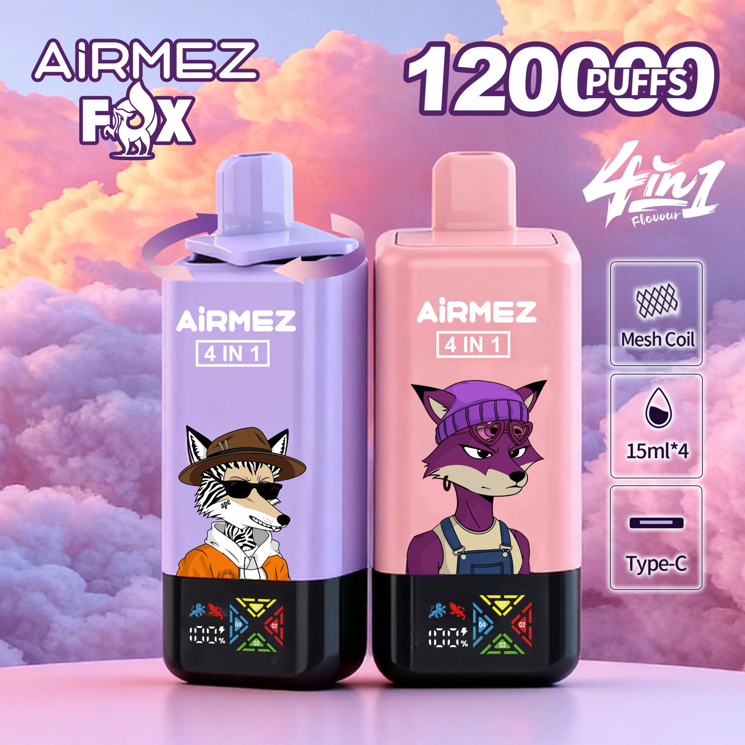 Airmez Fox 4-in-1 120K Jednorazowy E-Papieros 2% – 120000 Puffs | 4 Smaki w 1 Urządzeniu - obrazek 1
